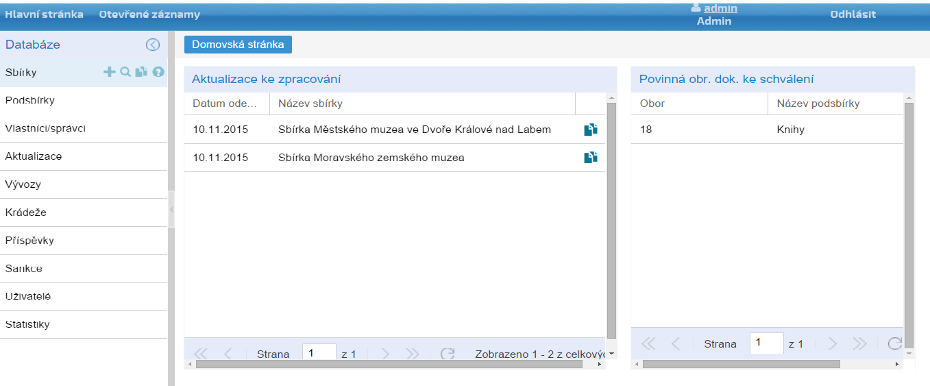 Neveřejná část CES on-line se skládá z levého bočního menu a těla stránky.