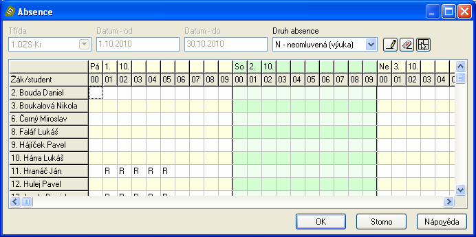 Důvod absence se zapisuje složitěji v nabídce důvod absence se do tabulky musí zadávat absence pro každou hodinu zvlášť a i když žák byl např.