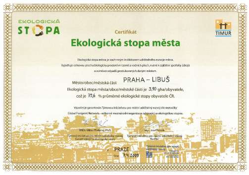 Ekologická stopa Hl. město Praha má ekologickou stopu 4,64 gha/obyv. MČ Praha-Libuš má ekologickou stopu 3,90 gha/obyv.