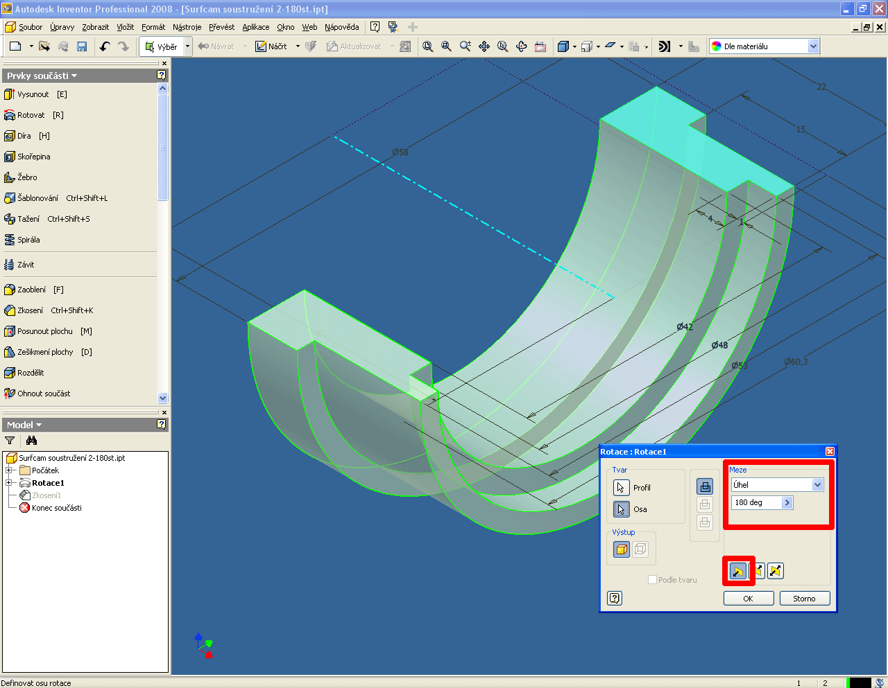 Pro použití s SURFCAMu si uložte kopii původního modelu (Soubor Uložit jako) pod názvem Příjmení 15 Surfcam soustružení 2 - řez.