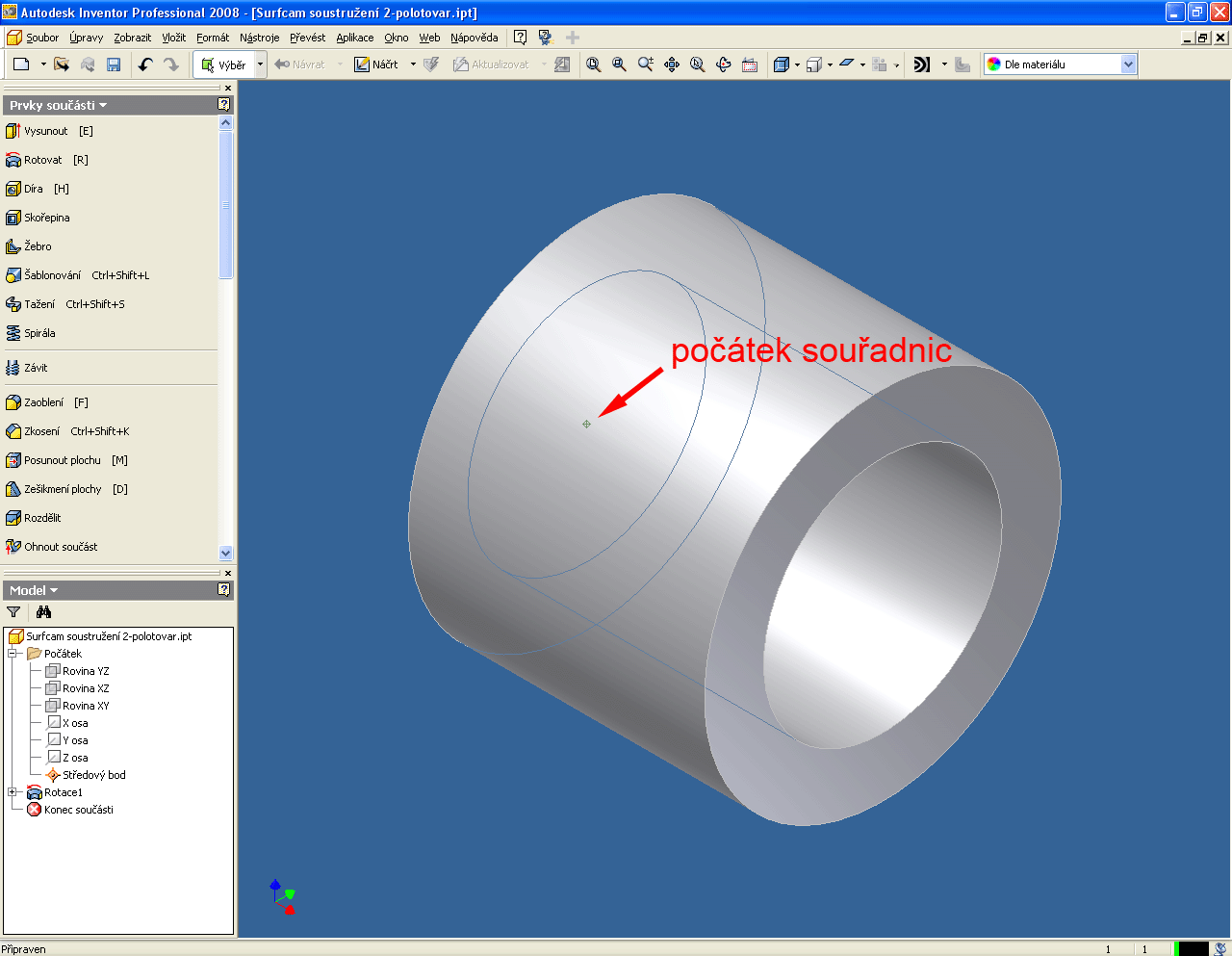 Připravte v Inventoru model polotovaru, délku polotovaru zvolte s přídavkem na upnutí. Počátek souřadnic musí ležet v ose a na zadním čele polotovaru.