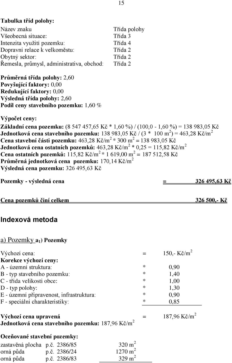 cena pozemku: (8 547 457,65 Kč * 1,60 %) / (100,0-1,60 %) = 138 983,05 Kč Jednotková cena stavebního pozemku: 138 983,05 Kč / (3 * 100 m 2 ) = 463,28 Kč/m 2 Cena stavební části pozemku: 463,28 Kč/m 2