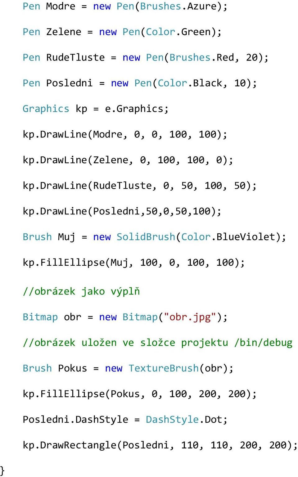 drawline(posledni,50,0,50,100); Brush Muj = new SolidBrush(Color.BlueViolet); kp.fillellipse(muj, 100, 0, 100, 100); //obrázek jako výplň Bitmap obr = new Bitmap("obr.