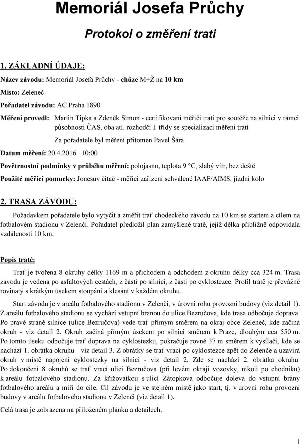 soutěže na silnici v rámci působnosti ČAS, oba atl. rozhodčí I. třídy se specializací měření tratí Datum měření: 20.4.