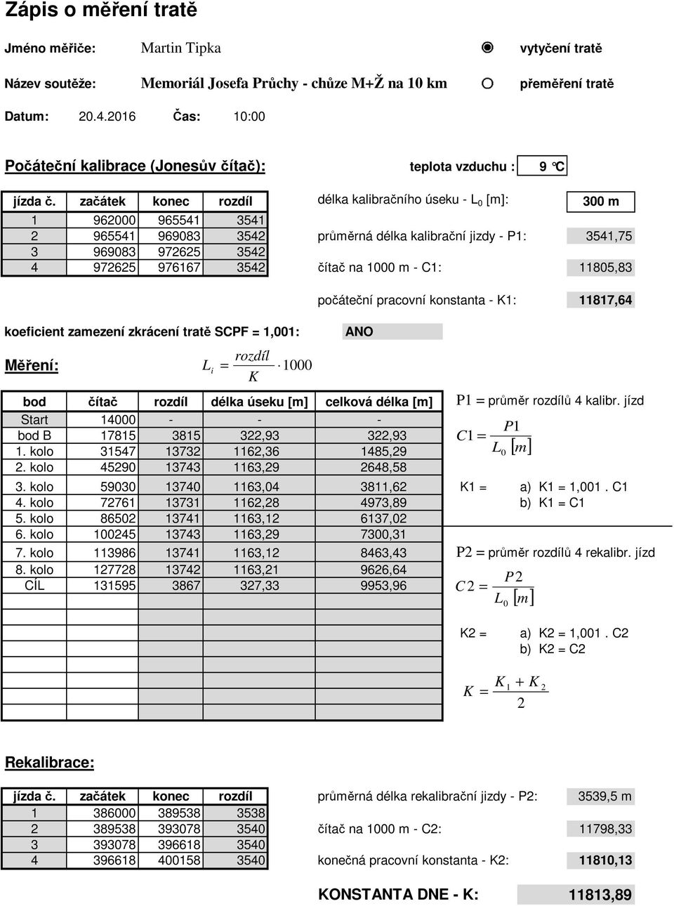 začátek konec rozdíl délka kalibračního úseku - L 0 [m]: 300 m 1 962000 965541 3541 2 965541 969083 3542 průměrná délka kalibrační jizdy - P1: 3541,75 3 969083 972625 3542 4 972625 976167 3542 čítač