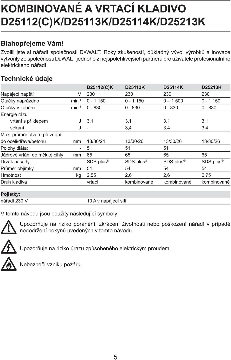 Technické údaje D25112(C)K D25113K D25114K D25213K Napájecí napětí V 230 230 230 230 Otáčky naprázdno min -1 0-1 150 0-1 150 0 1 500 0-1 150 Otáčky v záběru min -1 0-830 0-830 0-830 0-830 Energie