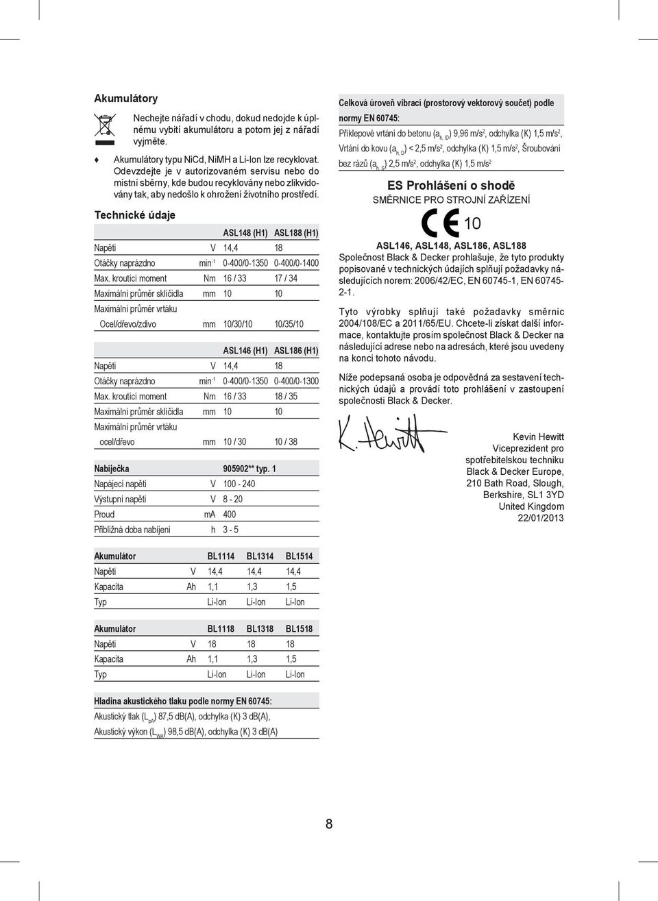 Technické údaje ASL148 (H1) ASL188 (H1) Napětí V 14,4 18 Otáčky naprázdno min -1 0-400/0-1350 0-400/0-1400 Max.