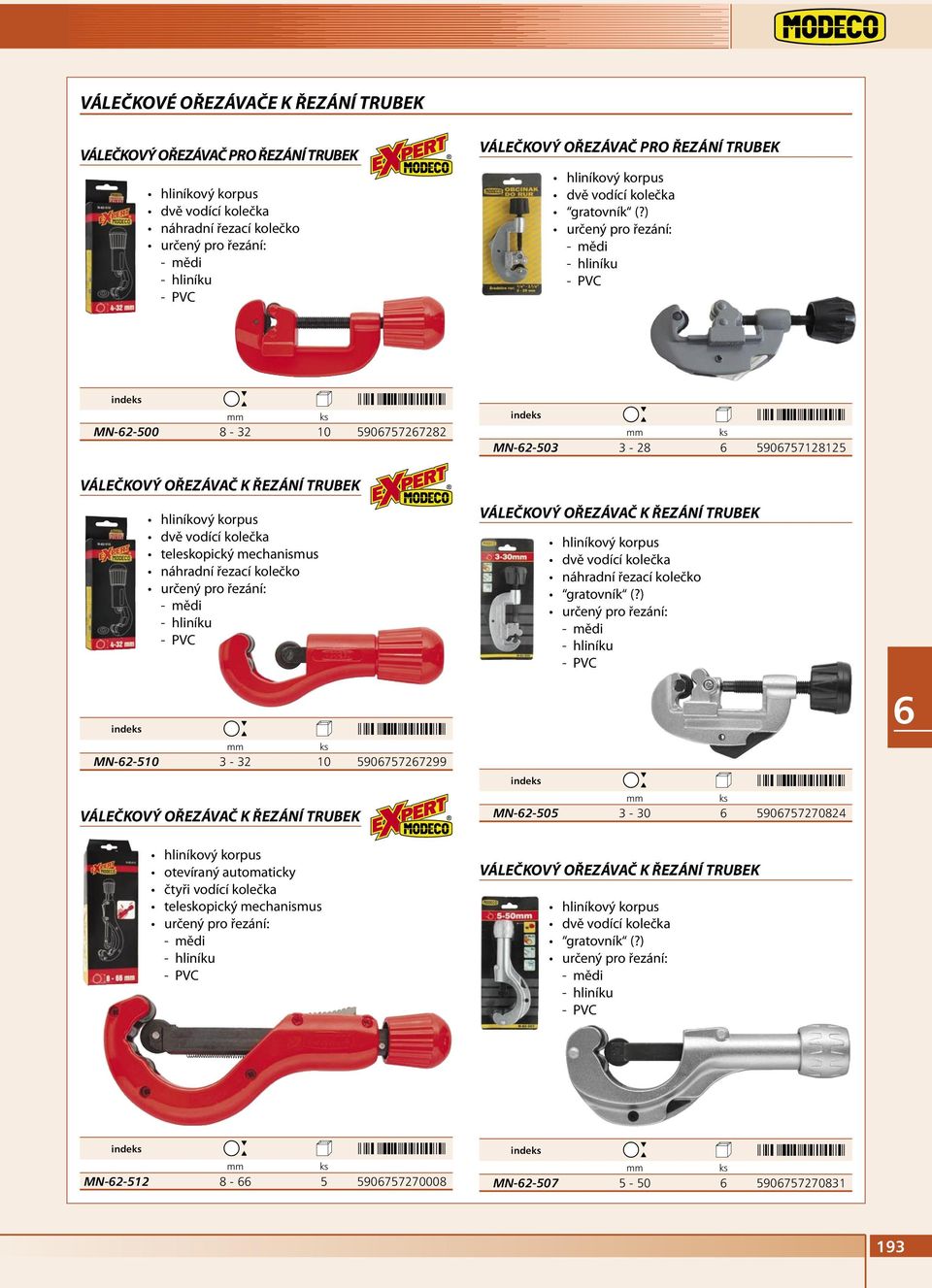 ) určený pro řezání: - mědi - hliníku - PVC MN-2-500 8-32 10 59075727282 MN-2-503 3-28 590757128125 VÁLEČKOVÝ OŘEZÁVAČ K ŘEZÁNÍ TRUBEK hliníkový korpus dvě vodící kolečka teleskopický mechanismus
