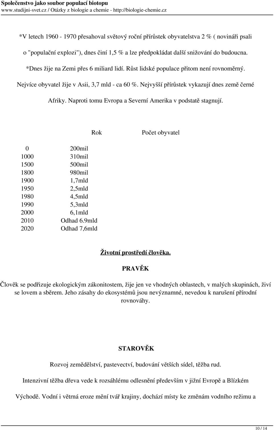 Naproti tomu Evropa a Severní Amerika v podstatě stagnují. Rok Počet obyvatel 0 200mil 1000 310mil 1500 500mil 1800 980mil 1900 1,7mld 1950 2,5mld 1980 4,5mld 1990 5,3mld 2000 6,1mld 2010 Odhad 6.