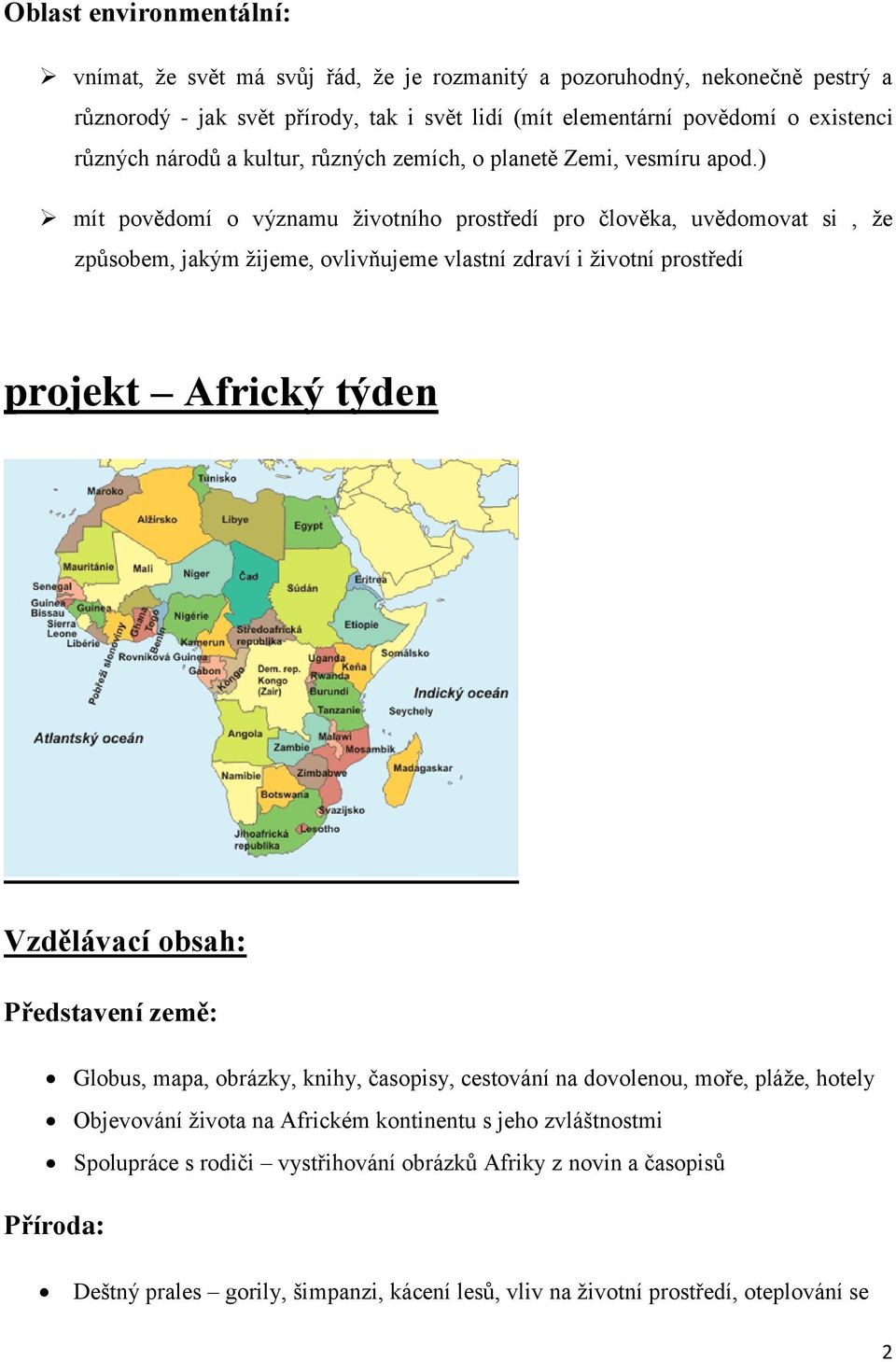 ) mít povědomí o významu životního prostředí pro člověka, uvědomovat si, že způsobem, jakým žijeme, ovlivňujeme vlastní zdraví i životní prostředí projekt Africký týden Vzdělávací obsah: