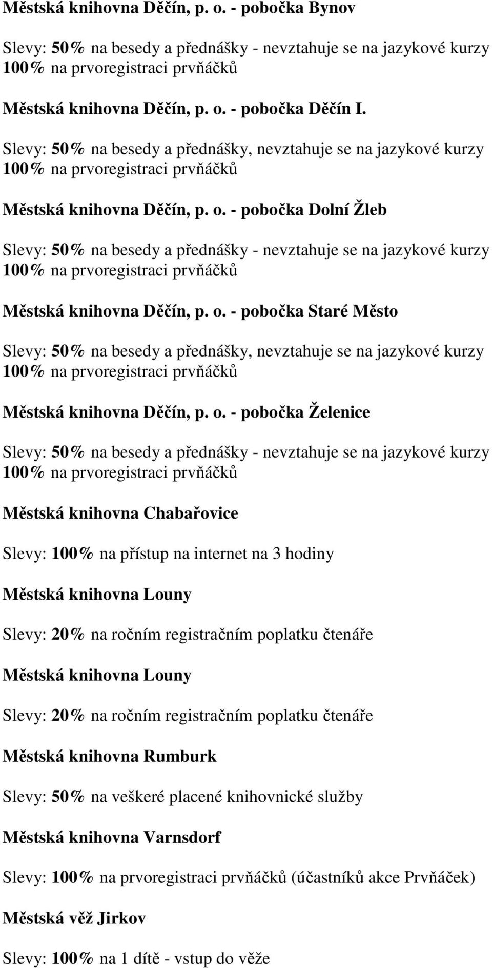 - pobočka Dolní Žleb Slevy: 50% na besedy a přednášky - nevztahuje se na jazykové kurzy 100% na prvoregistraci prvňáčků Městská knihovna Děčín, p. o.