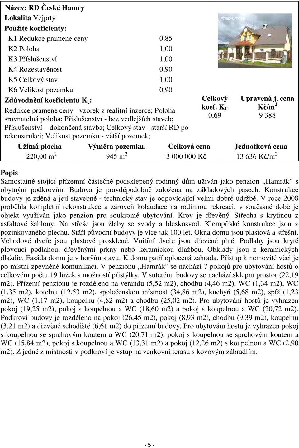 starší RD po rekonstrukci; Velikost pozemku - větší pozemek; Celkový koef. K C 0,69 Upravená j. cena Kč/m 2 9 388 Užitná plocha Výměra pozemku.