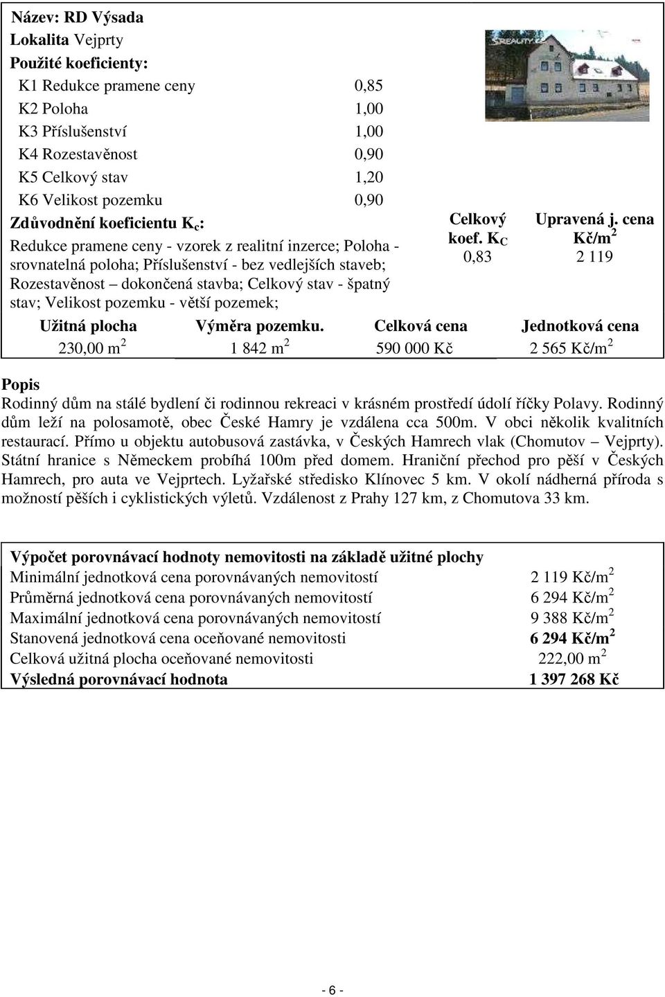 Velikost pozemku - větší pozemek; Celkový koef. K C 0,83 Upravená j. cena Kč/m 2 2 119 Užitná plocha Výměra pozemku.