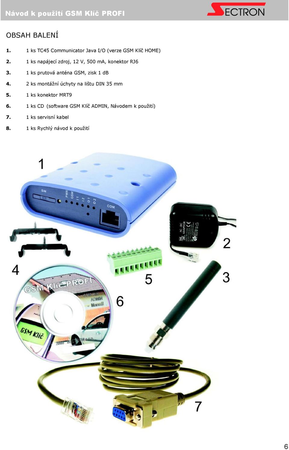 1 ks prutová anténa GSM, zisk 1 db 4. 2 ks montážní úchyty na lištu DIN 35 mm 5.