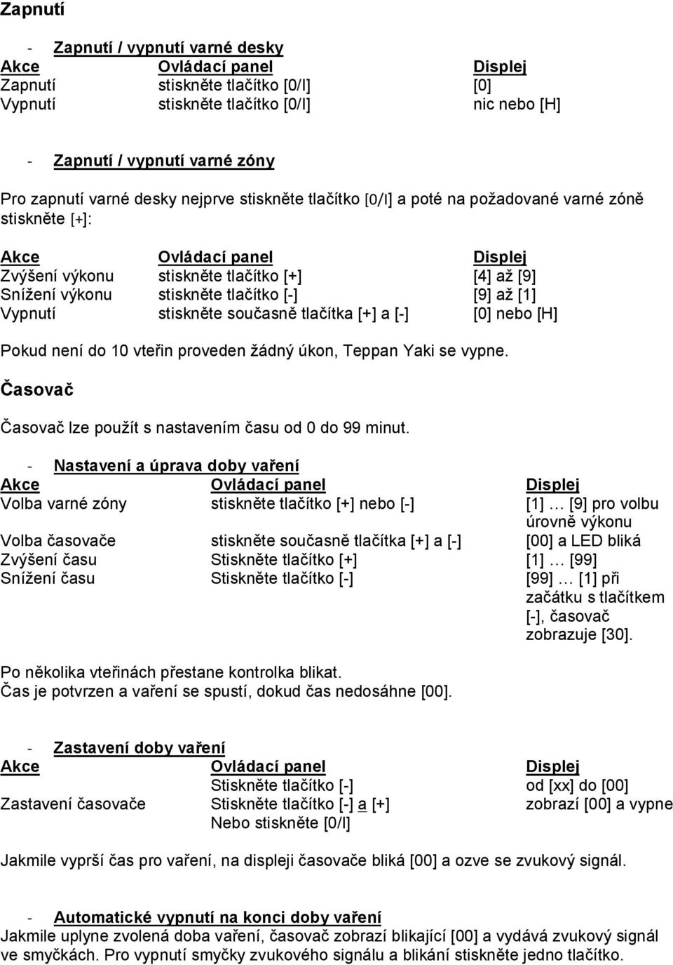 a [-] [0] nebo [H] Pokud není do 10 vteřin proveden žádný úkon, Teppan Yaki se vypne. Časovač Časovač lze použít s nastavením času od 0 do 99 minut.