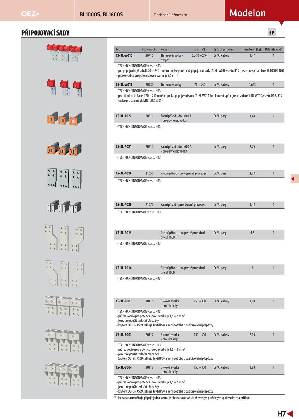 H9 (nelze pro spínací blok BLSE35) - průřez vodiče pro potenciálovou svorku je 2,5 mm 2 CS-BL-W 293 Třmenové svorky 7 24 Cu/Al kabely,663 - TECHNICKÉ INFORMACE viz str.