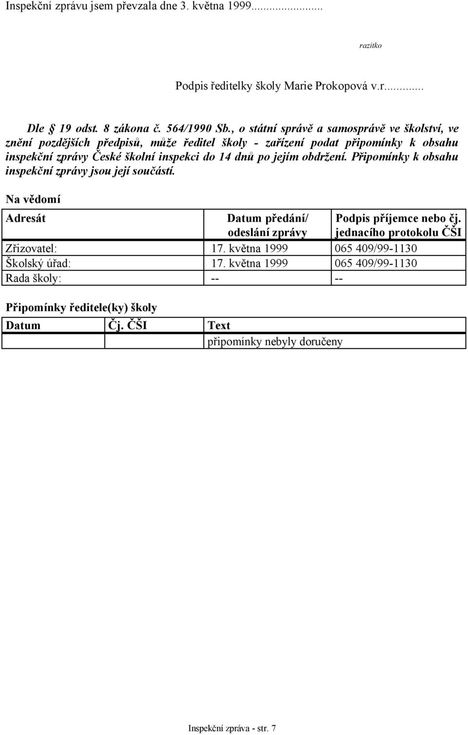 dnů po jejím obdržení. Připomínky k obsahu inspekční zprávy jsou její součástí. Na vědomí Adresát Datum předání/ odeslání zprávy Podpis příjemce nebo čj.