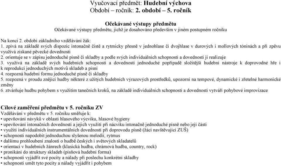 zpívá na základě svých dispozic intonačně čistě a rytmicky přesně v jednohlase či dvojhlase v durových i mollových tóninách a při zpěvu využívá získané pěvecké dovednosti 2.