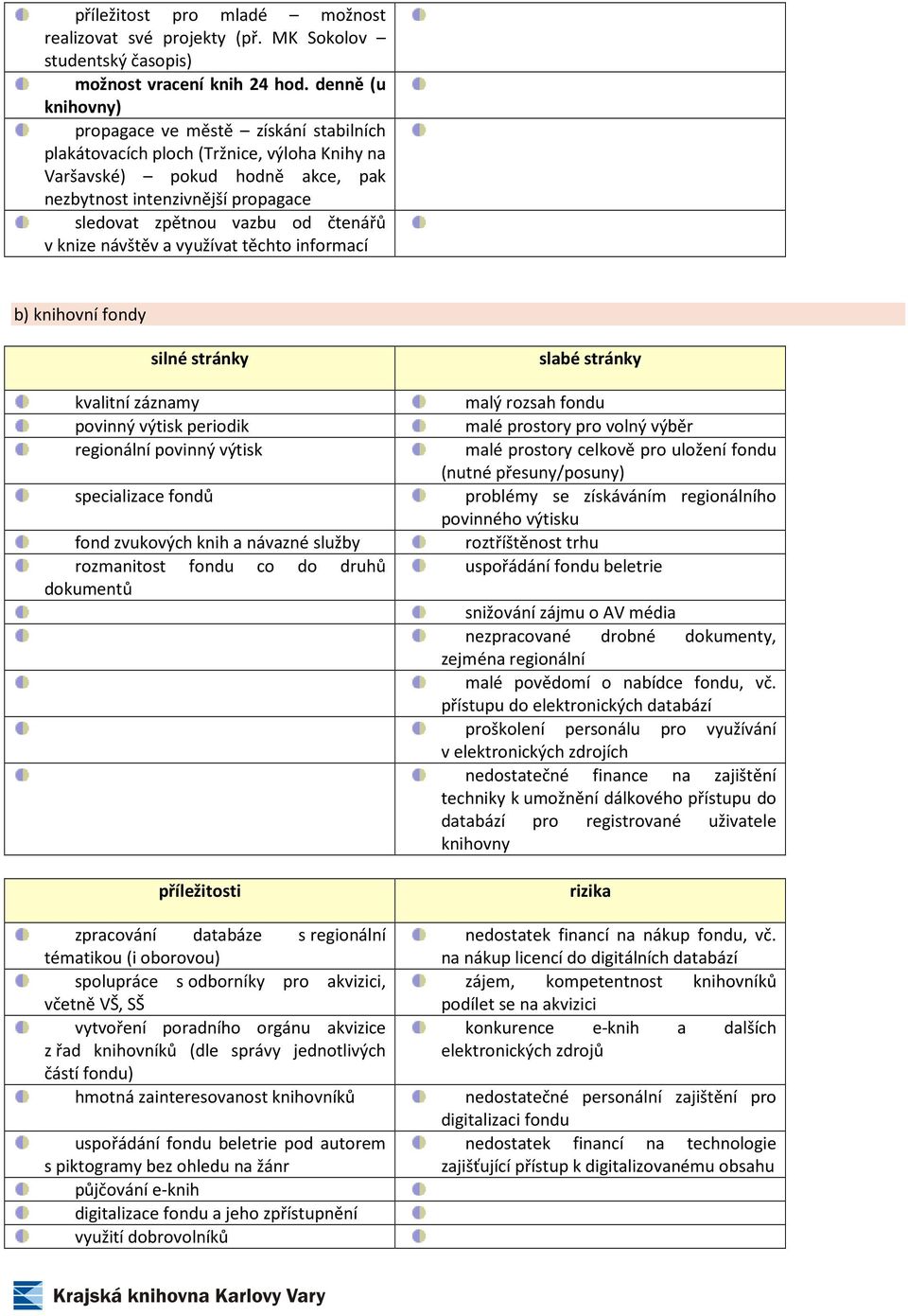 čtenářů v knize návštěv a využívat těchto informací b) knihovní fondy silné stránky kvalitní záznamy povinný výtisk periodik regionální povinný výtisk specializace fondů fond zvukových knih a návazné