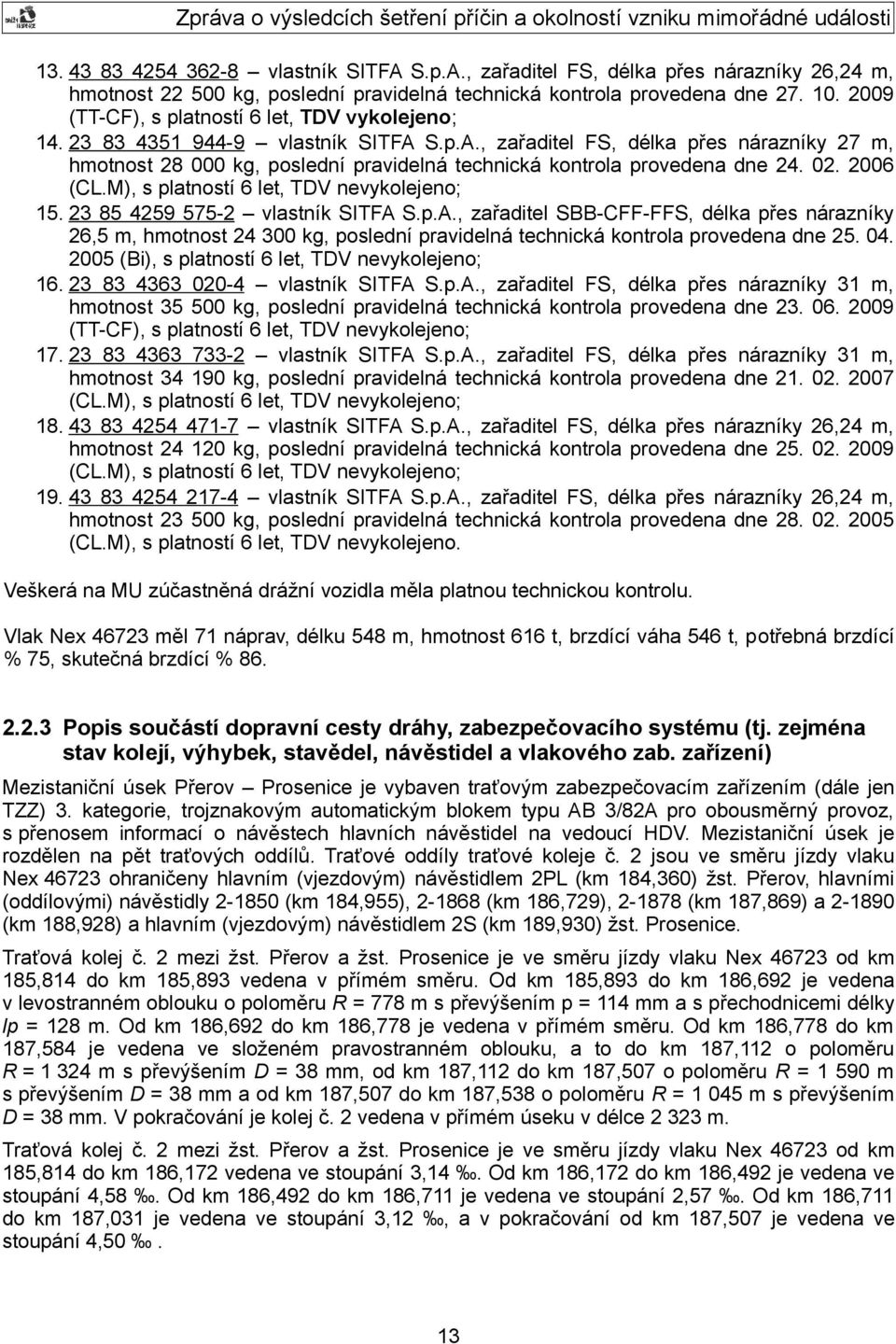 S.p.A., zařaditel FS, délka přes nárazníky 27 m, hmotnost 28 000 kg, poslední pravidelná technická kontrola provedena dne 24. 02. 2006 (CL.M), s platností 6 let, TDV nevykolejeno; 15.