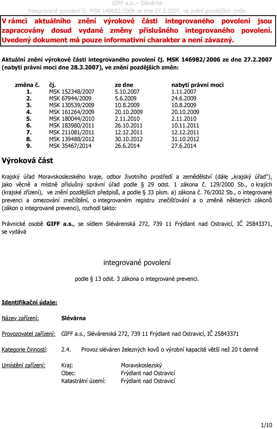 MSK 152348/2007 5.10.2007 1.11.2007 2. MSK 67944/2009 5.6.2009 24.6.2009 3. MSK 130539/2009 10.8.2009 10.8.2009 4. MSK 161264/2009 20.10.2009 20.10.2009 5. MSK 180044/2010 2.11.2010 2.11.2010 6.