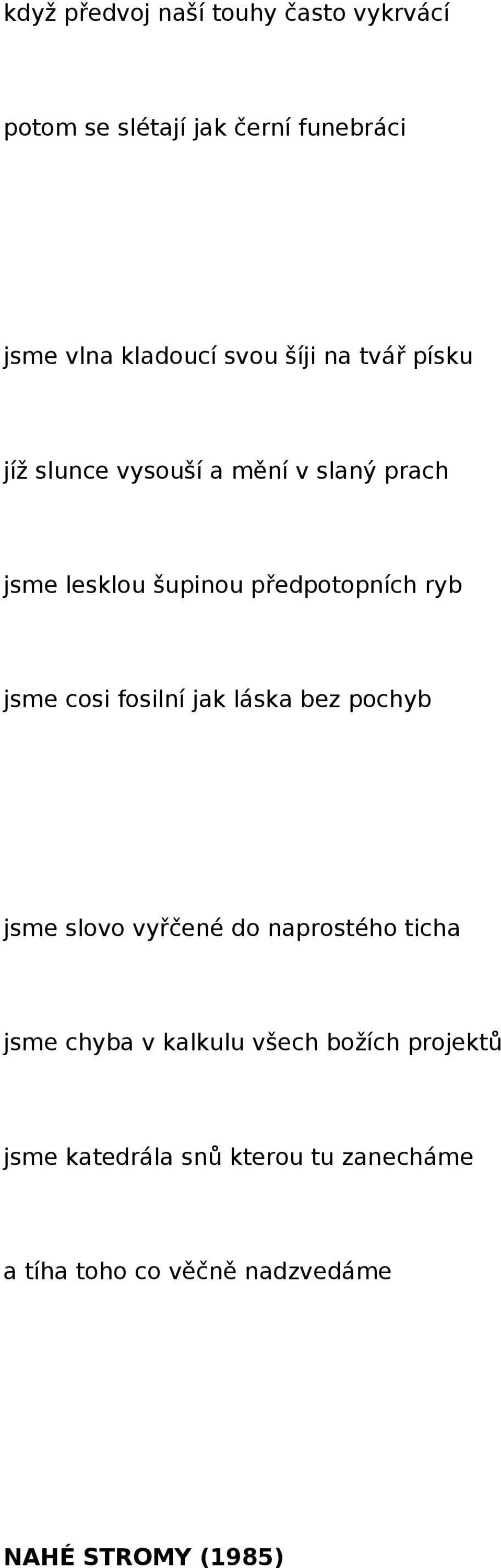 jsme cosi fosilní jak láska bez pochyb jsme slovo vyřčené do naprostého ticha jsme chyba v kalkulu