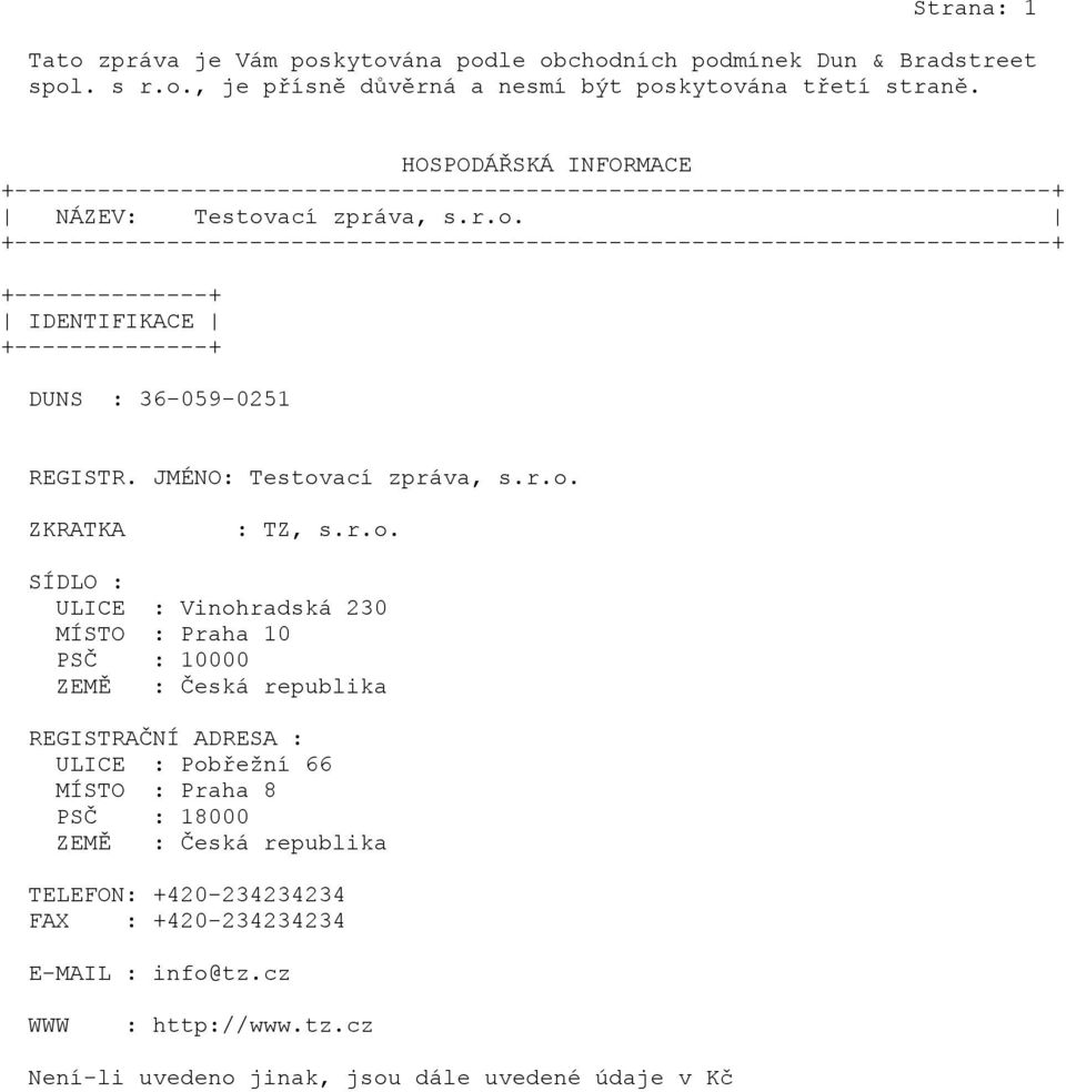 ací zpráva, s.r.o. +---------------------------------------------------------------------------+ +--------------+ IDENTIFIKACE +--------------+ DUNS : 36-059-0251 REGISTR. : Testovací zpráva, s.r.o. ZKRATKA : TZ, s.