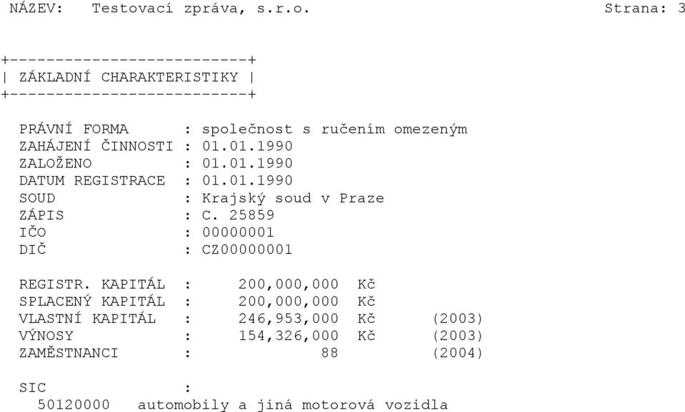 Strana: 3 +--------------------------+ ZÁKLADNÍ CHARAKTERISTIKY +--------------------------+ PRÁVNÍ FORMA : společnost s ručením