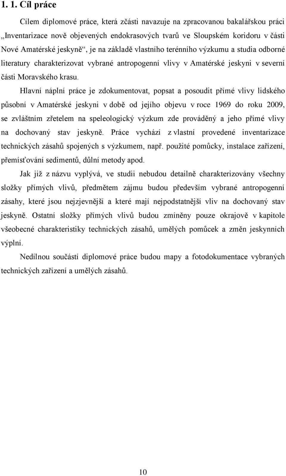 Hlavní náplní práce je zdokumentovat, popsat a posoudit přímé vlivy lidského působní v Amatérské jeskyni v době od jejího objevu v roce 1969 do roku 2009, se zvláštním zřetelem na speleologický