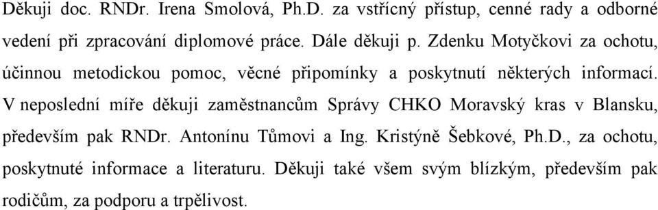V neposlední míře děkuji zaměstnancům Správy CHKO Moravský kras v Blansku, především pak RNDr. Antonínu Tůmovi a Ing.