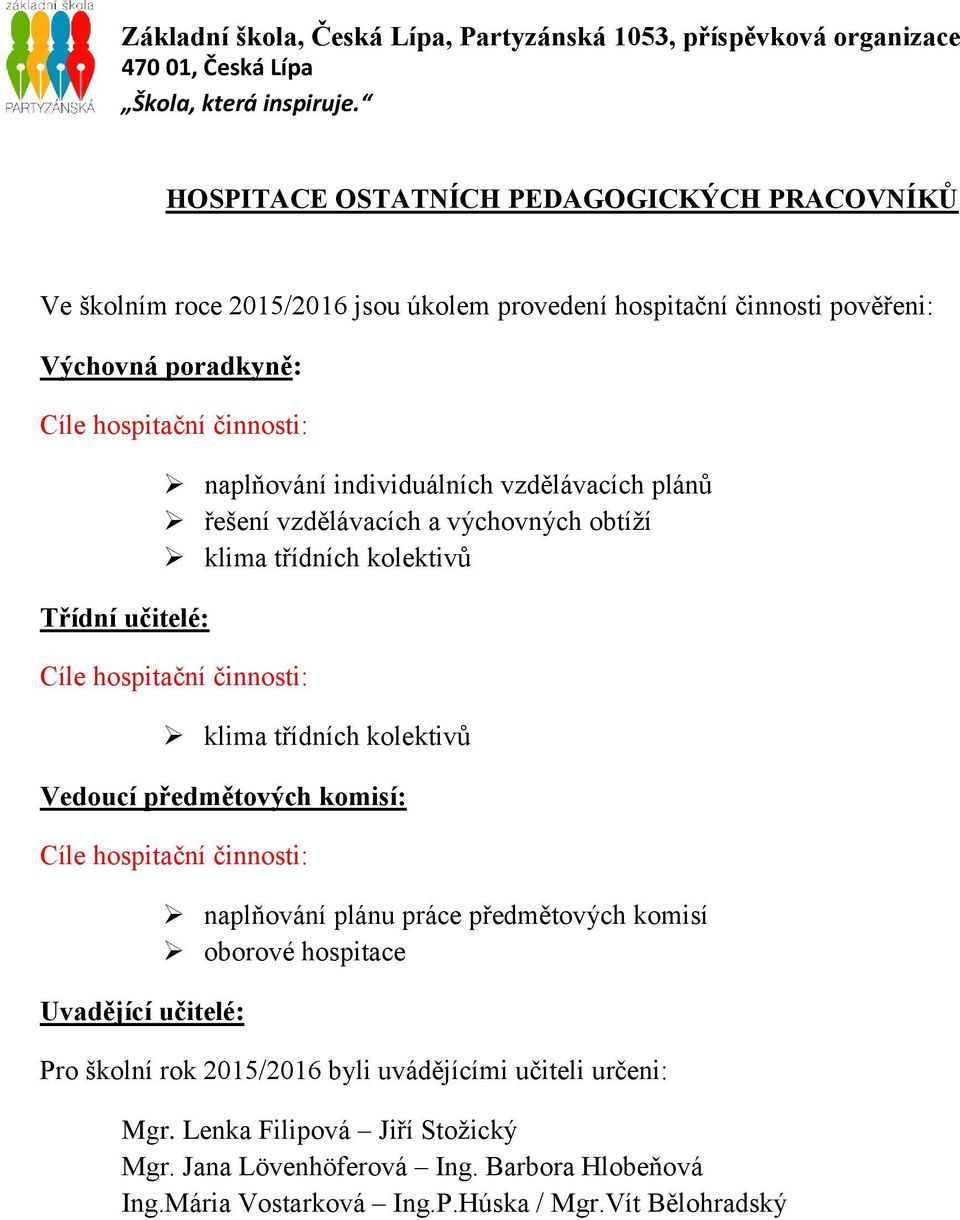 kolektivů Vedoucí předmětových komisí: Uvadějící učitelé: naplňování plánu práce předmětových komisí oborové hospitace Pro školní rok 2015/2016 byli