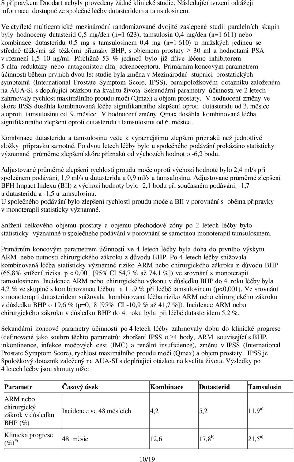 dutasteridu 0,5 mg s tamsulosinem 0,4 mg (n=1 610) u mužských jedinců se středně těžkými až těžkými příznaky BHP, s objemem prostaty 30 ml a hodnotami PSA v rozmezí 1,5 10 ng/ml.