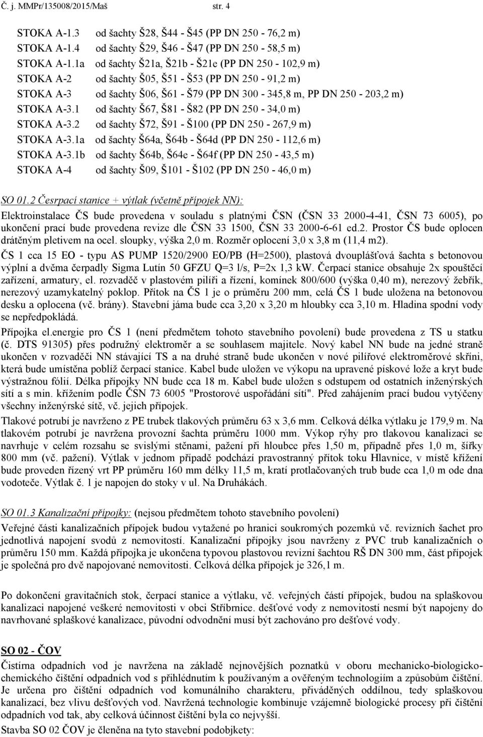 1 od šachty Š67, Š81 - Š82 (PP DN 250-34,0 m) STOKA A-3.2 od šachty Š72, Š91 - Š100 (PP DN 250-267,9 m) STOKA A-3.1a od šachty Š64a, Š64b - Š64d (PP DN 250-112,6 m) STOKA A-3.