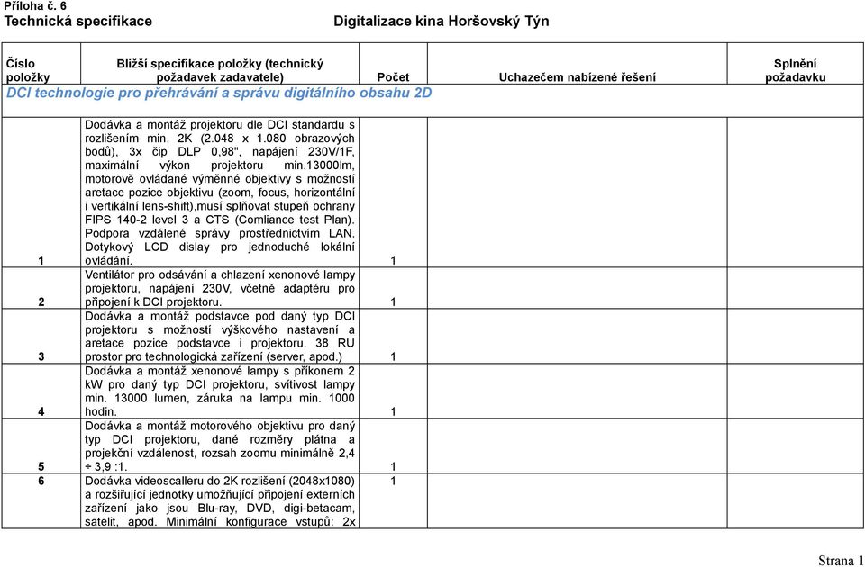 správu digitálního obsahu 2D Splnění požadavku Dodávka a montáž projektoru dle DCI standardu s rozlišením min. 2K (2.048 x.