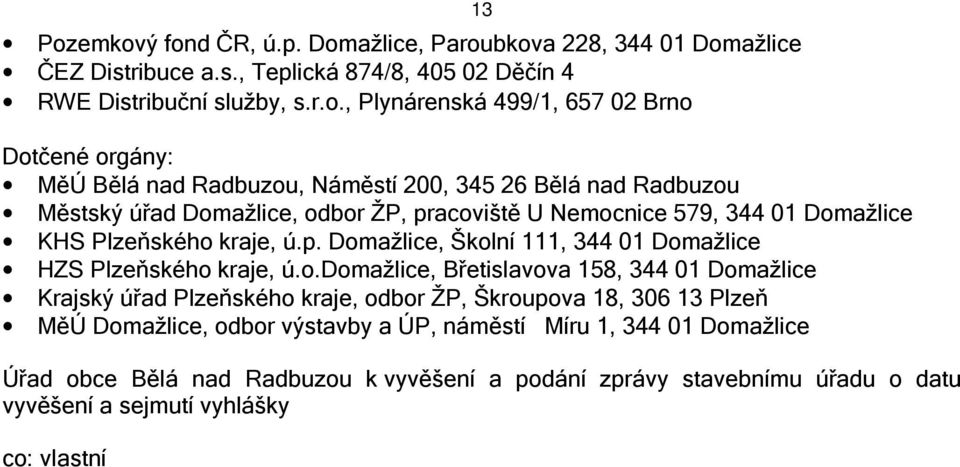 o.domažlice, Břetislavova 158, 344 01 Domažlice Krajský úřad Plzeňského kraje, odbor ŽP, Škroupova 18, 306 13 Plzeň MěÚ Domažlice, odbor výstavby a ÚP, náměstí Míru 1, 344 01