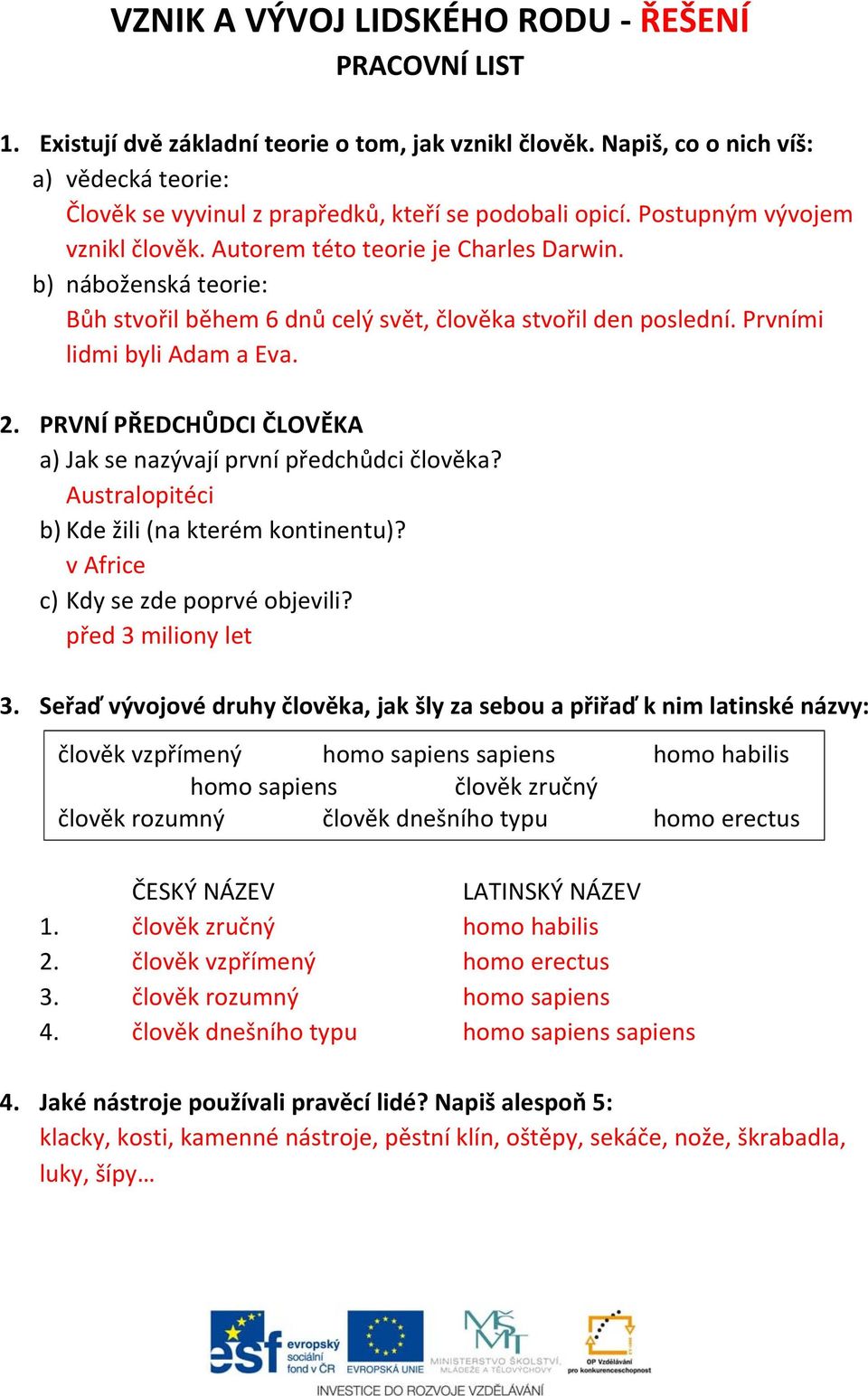 b) náboženská teorie: Bůh stvořil během 6 dnů celý svět, člověka stvořil den poslední. Prvními lidmi byli Adam a Eva. 2. PRVNÍ PŘEDCHŮDCI ČLOVĚKA a) Jak se nazývají první předchůdci člověka?