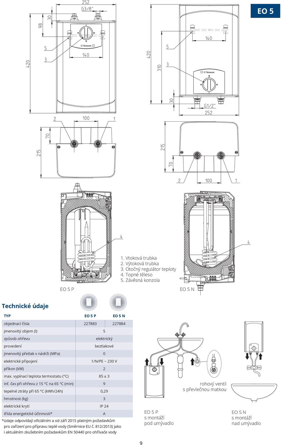 elektrické připojení 1/N/PE ~ 230 V příkon (kw) 2 max. vypínací teplota termostatu ( C) 85 ± 3 inf.