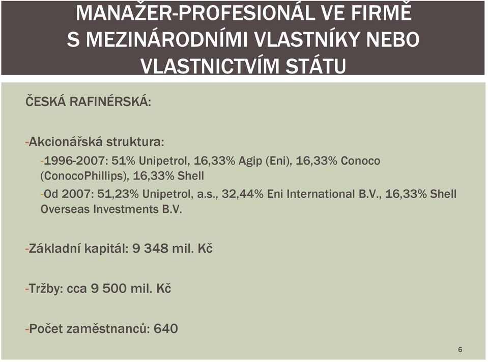 (ConocoPhillips), 16,33% Shell -Od 2007: 51,23% Unipetrol, a.s., 32,44% Eni International B.V.