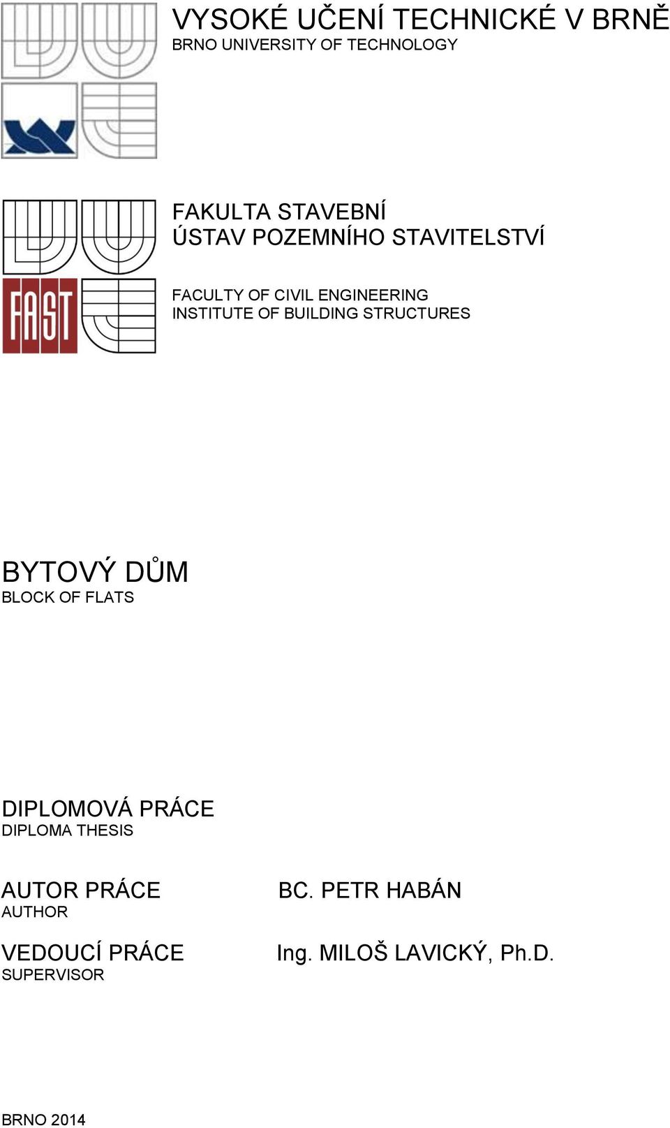 STRUCTURES BYTOVÝ DŮM BLOCK OF FLATS DIPLOMOVÁ PRÁCE DIPLOMA THESIS AUTOR PRÁCE