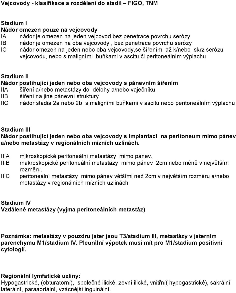 Nádor postihující jeden nebo oba vejcovody s pánevním šířením IIA šíření a/nebo metastázy do dělohy a/nebo vaječníků IIB šíření na jiné pánevní struktury IIC nádor stadia 2a nebo 2b s maligními