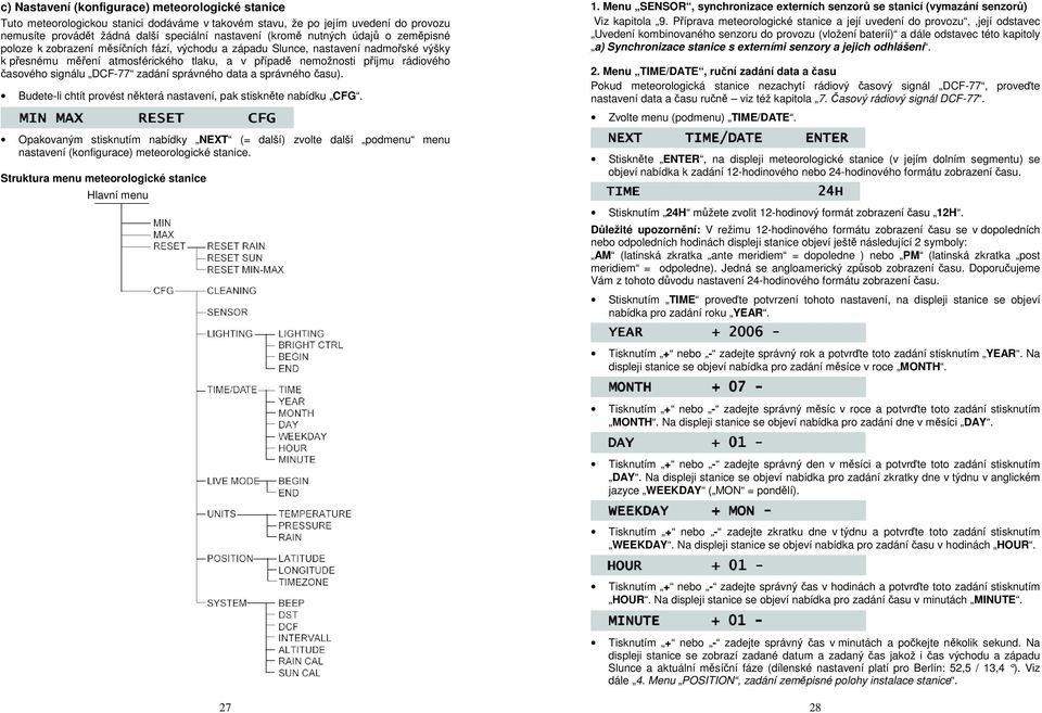 časového signálu DCF-77 zadání správného data a správného času). Budete-li chtít provést některá nastavení, pak stiskněte nabídku CFG.