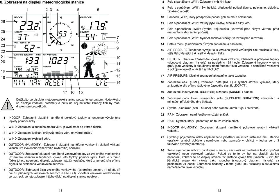 12 Pole s panáčkem Willi : Symbol trojúhelníku (varování před silným větrem, před markantním zhoršením počasí). 13 Pole s panáčkem Willi : Symbol sněhové vločky (varování před mrazem).