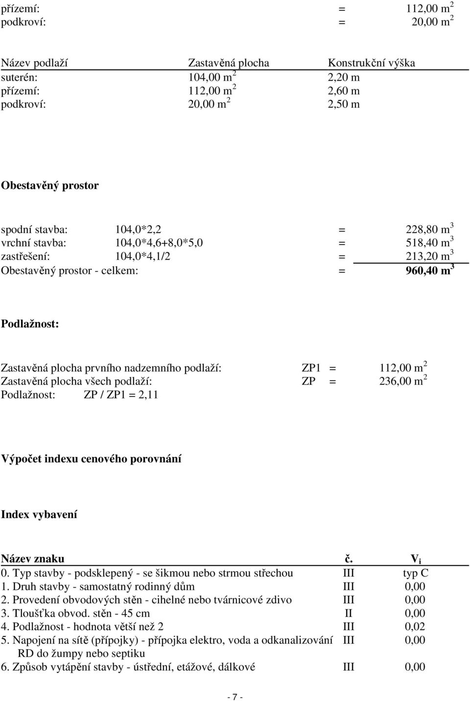 nadzemního podlaží: ZP1 = 112,00 m 2 Zastavěná plocha všech podlaží: ZP = 236,00 m 2 Podlažnost: ZP / ZP1 = 2,11 Výpočet indexu cenového porovnání Index vybavení Název znaku č. V i 0.