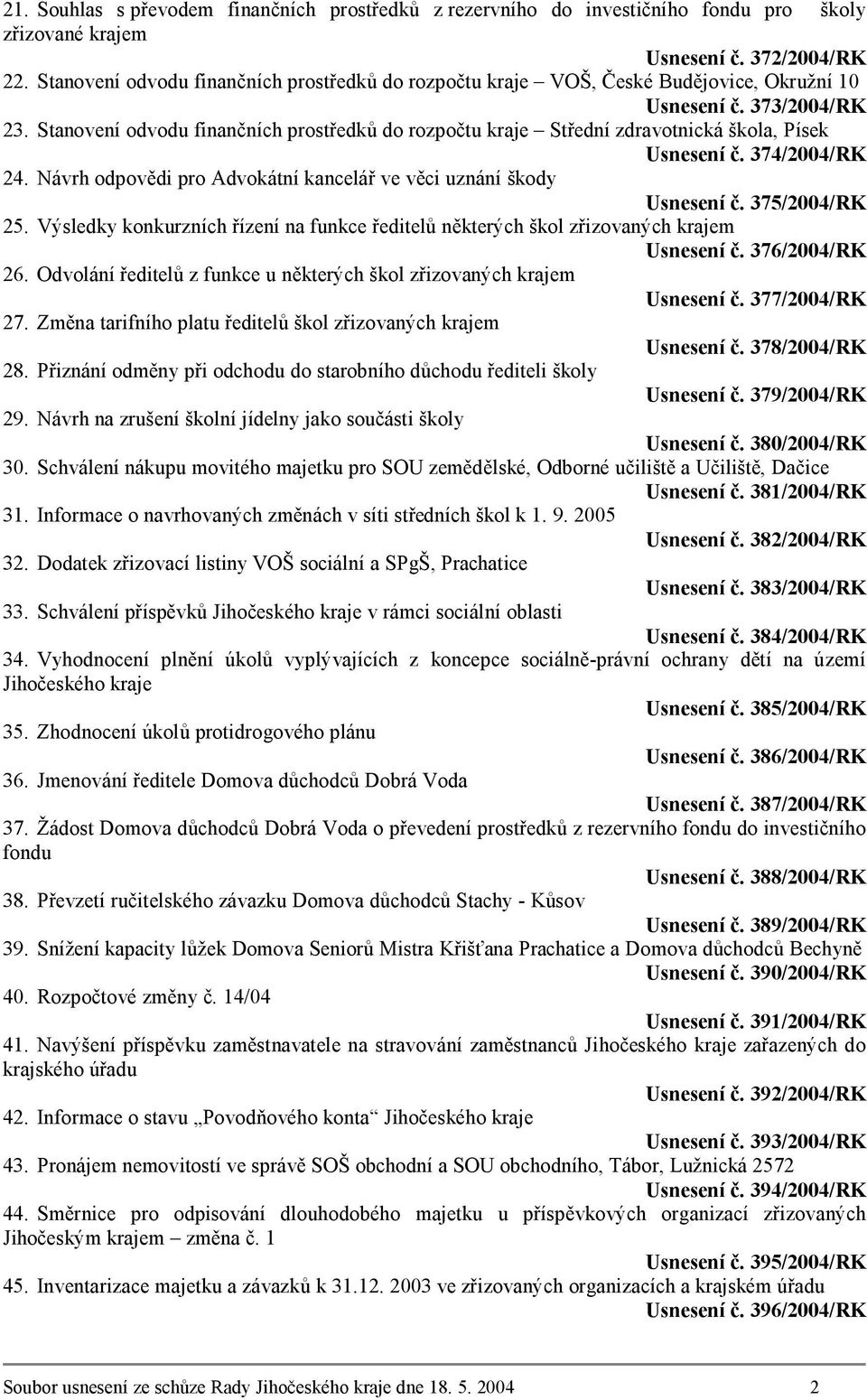 Stanovení odvodu finančních prostředků do rozpočtu kraje Střední zdravotnická škola, Písek Usnesení č. 374/2004/RK 24. Návrh odpovědi pro Advokátní kancelář ve věci uznání škody Usnesení č.