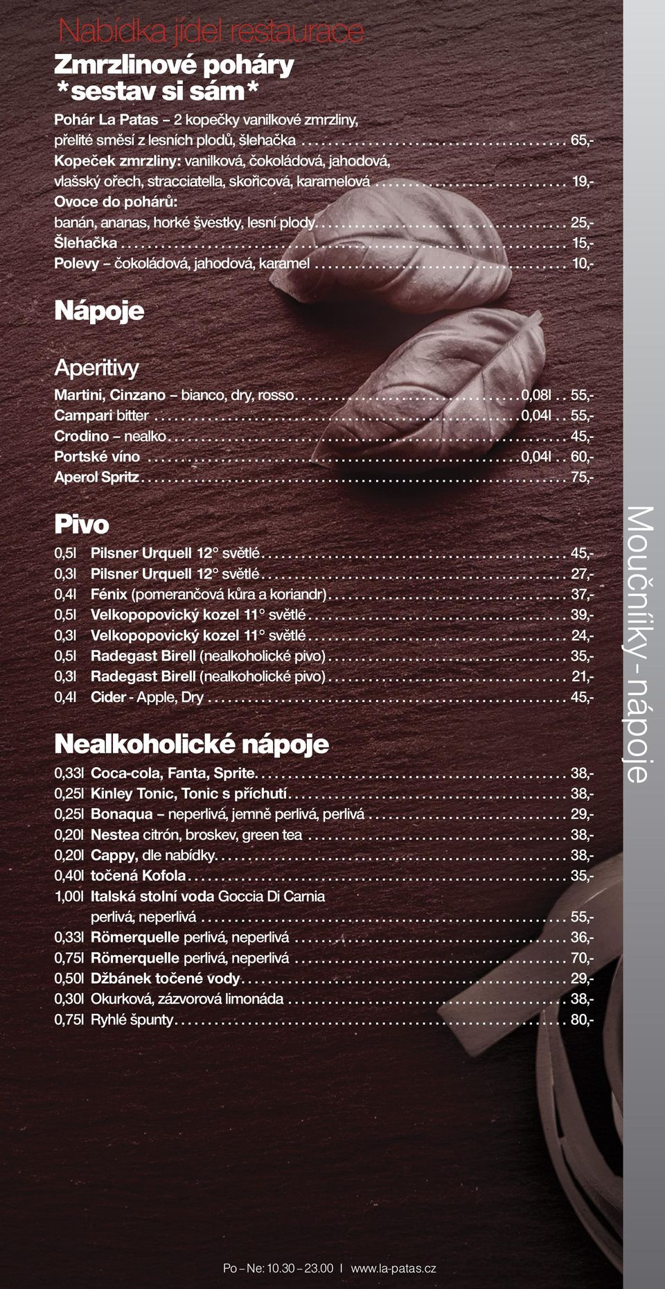 ............................. 19,- Ovoce do pohárů: banán, ananas, horké švestky, lesní plody....................................... 25,- Šlehačka.................................................................... 15,- Polevy čokoládová, jahodová, karamel.