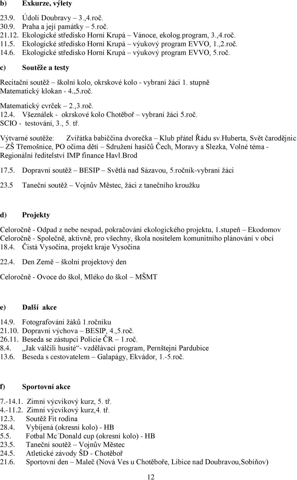 ,3.roč. 12.4. Všeználek - okrskové kolo Chotěboř vybraní ţáci 5.roč. SCIO - testování, 3., 5. tř. Výtvarné soutěţe: Zvířátka babiččina dvorečka Klub přátel Řádu sv.