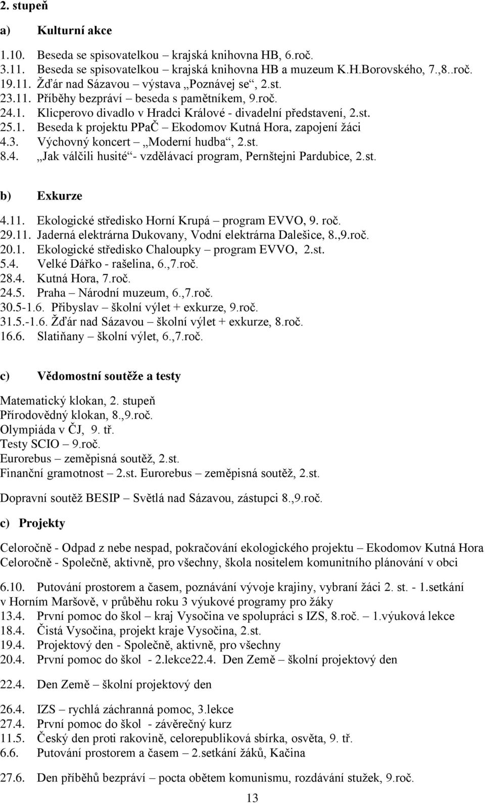 st. 8.4. Jak válčili husité - vzdělávací program, Pernštejni Pardubice, 2.st. b) Exkurze 4.11. Ekologické středisko Horní Krupá program EVVO, 9. roč. 29.11. Jaderná elektrárna Dukovany, Vodní elektrárna Dalešice, 8.