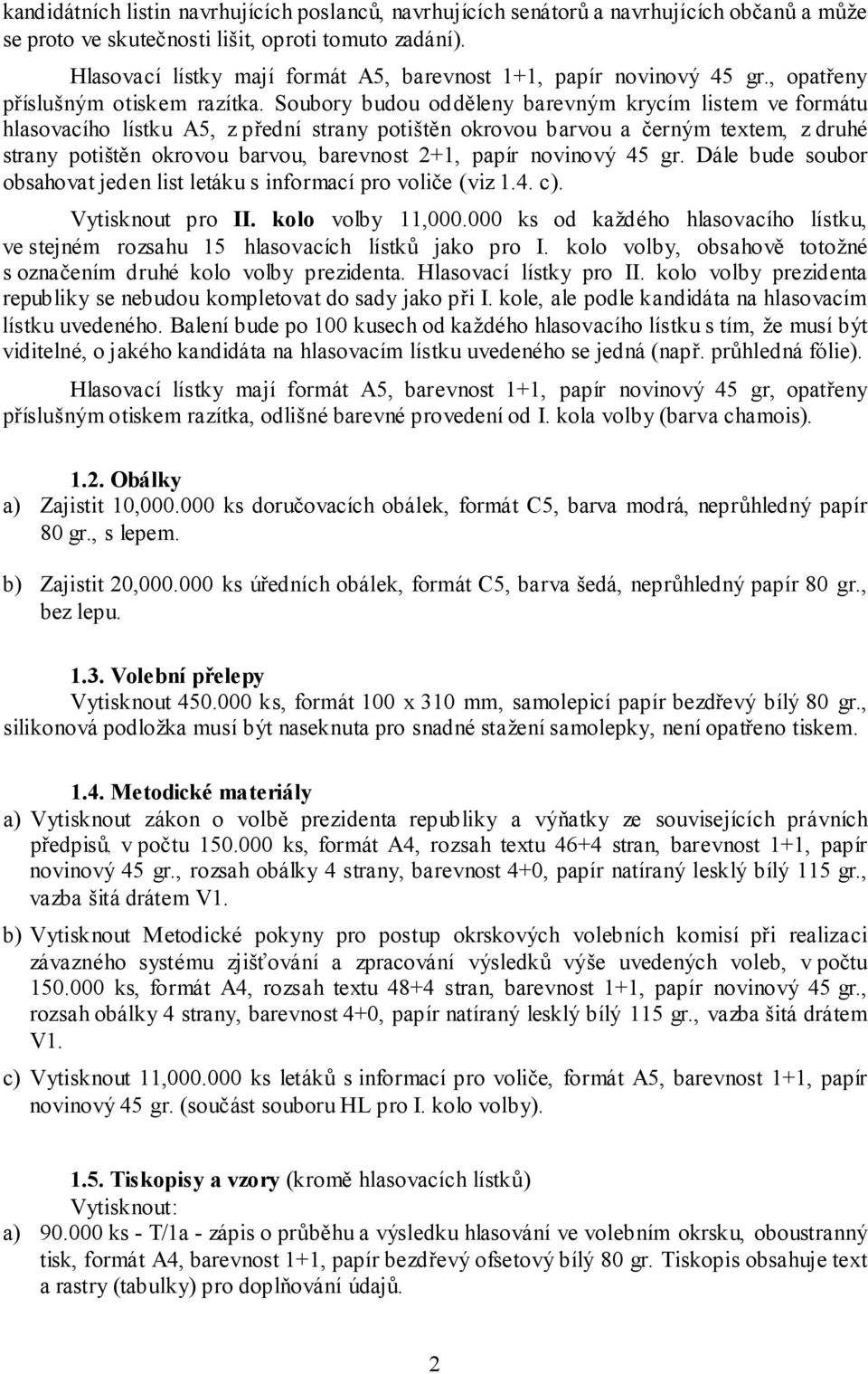 Soubory budou odděleny barevným krycím listem ve formátu hlasovacího lístku A5, z přední strany potištěn okrovou barvou a černým textem, z druhé strany potištěn okrovou barvou, barevnost 2+1, papír