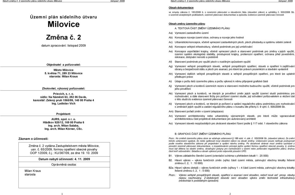 Ladislav Vich Záznam o účinnosti: Projektant: AURS, spol. s r. o. Hládkov 920/12, 169 00 Praha 6 Ing. arch. Milan Salaba, Ing. arch. Milan Körner, CSc. Změna č.