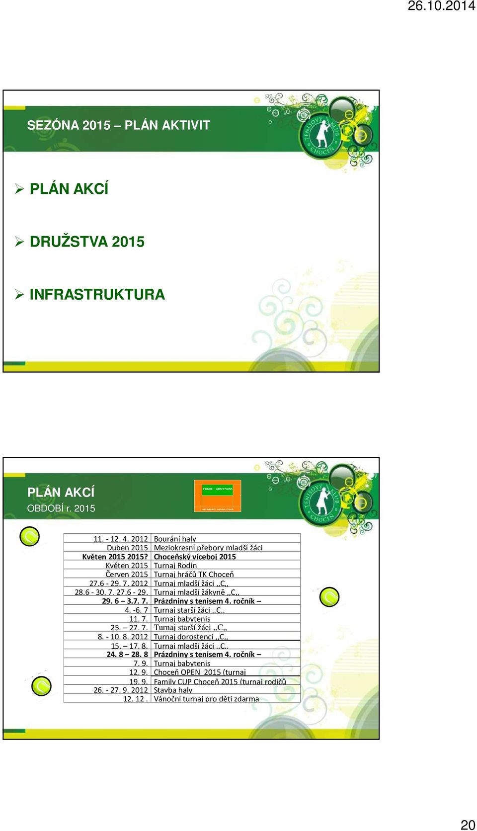 ročník 4. -6. 7 Turnaj starší žáci,,c,, 11. 7. Turnaj babytenis 25. 27. 7. Turnaj starší žáci,,c,, 8. - 10. 8. 2012 Turnaj dorostenci,,c,, 15. 17. 8. Turnaj mladší žáci,,c,, 24. 8 28.